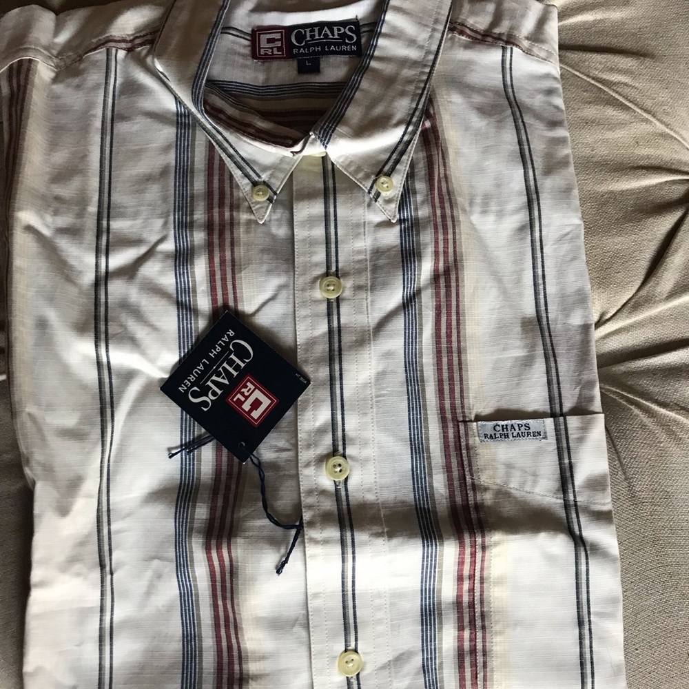 Chaps Men's Casual Button Down Shirt - White with Red and Blue Stripes